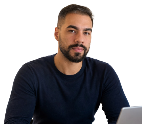 Contador em atendimento digital com notebook em fundo azul